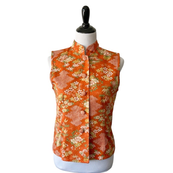 Vintage Tops - Vintage Asian Orange Floral Sleeveless Top